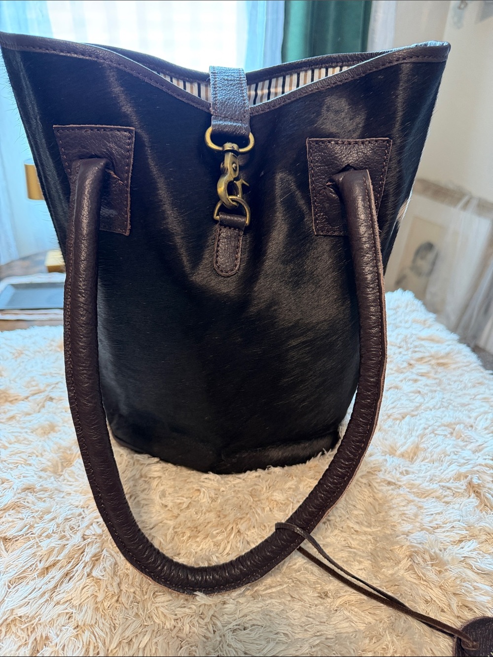 Black Haircalf Tote with Dark Brown Leather Trim by